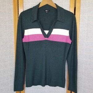 Anne Klein Sport Polo Sweater Fiona Long Sleeve Rugby Stripe Size Large Green